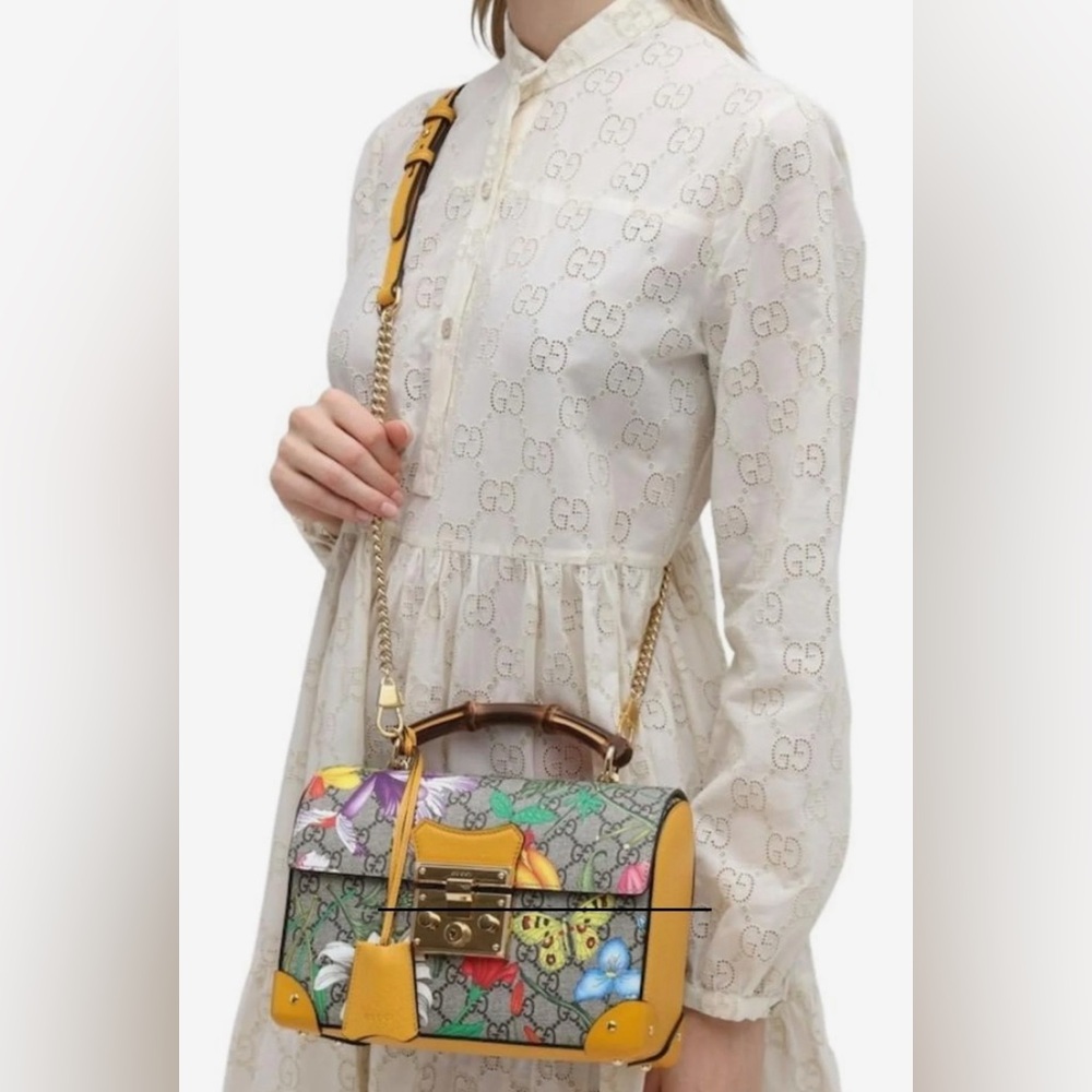 Gucci GG Supreme Monogram Logo Flora Yellow Small Padlock Bamboo Bag W Crossbody - Picture 3 of 16